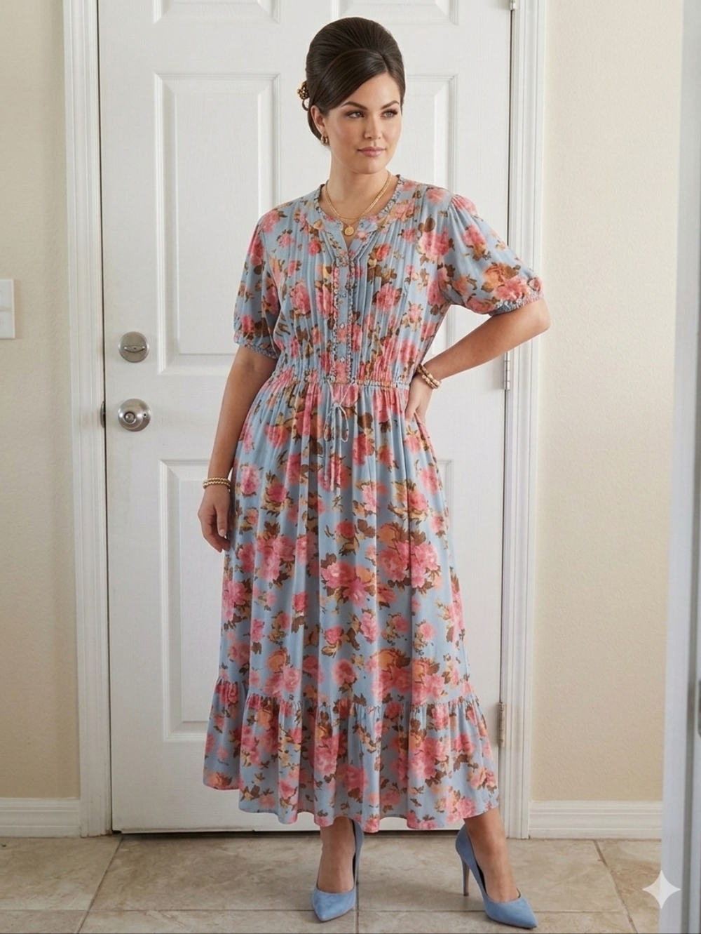Torrid Light Blue Floral Maxi Dress with Pink‎ Roses